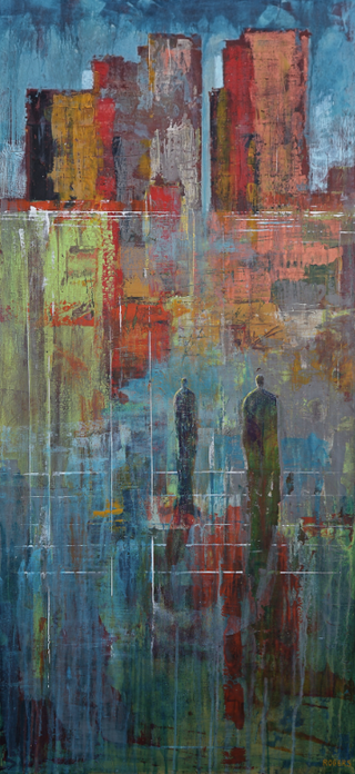 In the In-Between - Original Artwork by Johnny Rogers - Holt x Palm -  Acrylic on canvas 56x26 The space in-between is a place of hopeful expectation. It is the times and place where we find ourselves moving forward without certainty, but with hope. The cityscape's abstract nature boasts an inspiring balance of vertical symmetry and horizontal design. Elevate your space with this captivating and thought-provoking piece.