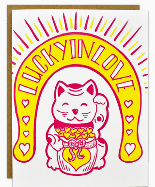 Lucky In Love Lucky Cat - Hand Illustrated Greeting Card - Holt x Palm -  You got yourself a keeper!! Celebrate your luck in the love dept. with this adorbs hand illustrated greeting card created and printed in sunny Los Angeles, Ca. Kraft Envelope Flat printed on 100lb FSC/Green e-certified/PCW white paper. Blank inside. Card size: A2 (4.25" x 5.50" Folded)