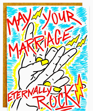 May Your Marriage Eternally Rock!!!  Hand Illustrated Greeting Card - Holt x Palm -  A Rock-N-Roll Wedding/Anniversary greeting card for your Rock-N-Roll friends...Rock On!!!? Greeting card with recycled kraft envelope. All Gogoreego cards are hand-drawn, designed and printed for you in sunny Los Angeles, CA. Flat printed on 100lb FSC/Green e-certified/PCW white paper. Blank inside. Card size: A2 (4.25" x 5.50" Folded)