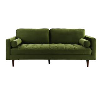 The Sophie - Green Velvet Mid Century Style Sofa - Holt x Palm -  Experience the ultimate in comfort and retro style with The Sophie - a luxuriously soft velvet green sofa perfect for mid century lovers! Boasting a sleek, timeless design, bring your space alive in an instant with this classic and oh-so-cosy statement piece. Dimensions: 88"W × 38"D × 37"H × 21" Seat Height