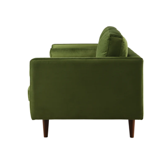 The Sophie - Green Velvet Mid Century Style Sofa - Holt x Palm -  Experience the ultimate in comfort and retro style with The Sophie - a luxuriously soft velvet green sofa perfect for mid century lovers! Boasting a sleek, timeless design, bring your space alive in an instant with this classic and oh-so-cosy statement piece. Dimensions: 88"W × 38"D × 37"H × 21" Seat Height