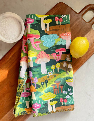 Mushroom Heaven Tea Towel - Holt x Palm -  Our vibrant tea towels are just the thing to add a touch of colorful flair to your kitchen, or a thoughtful hostess/housewarming gift! Woven from 100% absorbent cotton and printed with our charming, hand-painted designs, each towel is embellished with contrasting embroidery along the seaming. • 21″ X 28″ • HANGING LOOP • EMBROIDERED TRIM