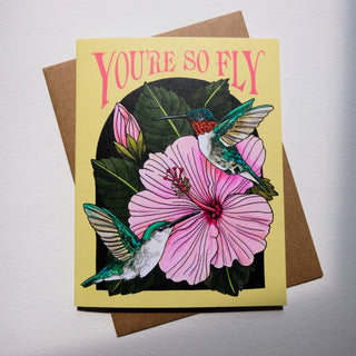 You're So Fly Card - Holt x Palm -  • Greeting Card Illustrated by Cayla Mattea Zeek • Created in Lafayette, Louisiana USA • A2 Card Measures 4.25" x 5.5" Folded • Blank Inside • Printed on Post Consumer Waste Recycled Heavy Card-Stock Paper • Recycled Kraft Brown Envelope • Eco Clear Plant-Based PLA (Polylactic Acid) Sleeve, Commercially Compostable