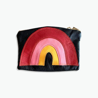 Re-Purposed x Up-Cycled Rainbow Leather Pouch - Red / Pink / Yellow - Holt x Palm -  The cutest little pouch to brighten up your day. Individually made by hand in our studio in Lake Tahoe, California. Re-purposed vintage leather jackets and recycled leather scrap assemble to create these colorful little pouches. 6" x 5" with 6' vintage brass zipper Unlined.