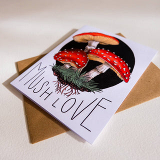 Mush Love Card - Holt x Palm -  • Greeting Card Illustrated by Cayla Mattea Zeek • Created in Lafayette, Louisiana USA • A2 Card Measures 4.25" x 5.5" Folded • Blank Inside • Printed on Post Consumer Waste Recycled Heavy Card-Stock Paper • Recycled Kraft Brown Envelope • Eco Clear Plant-Based PLA (Polylactic Acid) Sleeve, Commercially Compostable