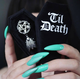 Til Death Coffin Ring Box - Holt x Palm -  Til Death Do us part - the perfect ring box for all you gothic couples out there! Add a touch of lust and love to your gothic wedding with this Velvet Ring Box. This black velvet coffin jewelry storage is perfect for storing your rings. Measuring 9cm x 5.5cm x 5cm , it can safely hold 2 rings. The Jewelry boxes are made from Black Velvet., which means your jewelry will be displayed in a High Quality Ring Box .