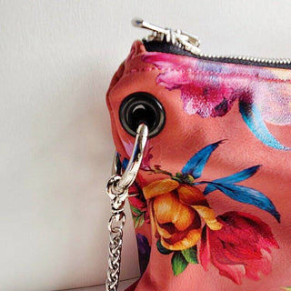 HANDMADE - Perfect Pink Italian Leather Floral Crossbody Bag - Holt x Palm -  Love this one!! So unique! These purses are handcrafted from designer Italian leather fabrics to create one of a kind pieces...Beautiful pink flora Italian leather. Fully lined in chartreuse velvet with an inside pocket. Heavy duty Italian metal zipper closure and high end gold chain strap swivel hardware. * Velvet lining Dimensions Approximately 6.5" H x 10" W * 12 " Gold Shoulder strap drop * Made in the USA