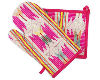 Pink Star Oven Mitts & Pot Holder/ Set Of 2 - Holt x Palm -  Featuring bright tribal prints, this set of potholder and oven mitt is a perfect holiday gift for the resident chef. • Handcut & stitched by local artisans in Karur, India • Oven Glove - 7" x 13" • Pot Holder - 8" • Perfect Gift for Christmas or Holiday