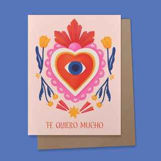 Te Quiero Mucho "I Love You Very Much" Sacred Heart Greeting Card - Holt x Palm -  Spanish Greeting Cards Celebrating Hispanic Heritage Month with beautiful Mexican Folk Art Inspired Illustrations! -- Size: A2 (4.25 x 5.5 in) Uncoated Paper Blank on the Inside Comes with a Kraft Brown Envelope and Plastic Sleeve Made in the U.S.A