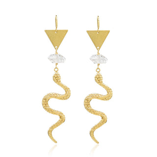 Serpent Rising Earrings - Holt x Palm -  The snake/serpent symbolizes the energy of shifting perspective and transformation, perfect for this time as we transition into our Summer Months. * 18k gold fill ear wires * featuring diamond quartz crystals * textured brass serpents with an 18k gold overlay * 3" long - super lightweight * Hand crafted in San Francisco, CA