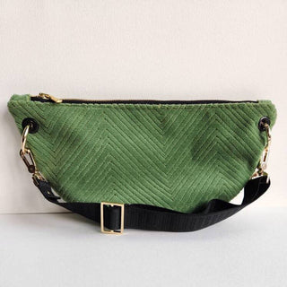 Vintage Green Chevron Velvet Fanny Bag - Holt x Palm -  Carry your essentials in style with the fashionable Vintage Green Chevron Velvet Fanny Bag. Crafted with luxe velvet and lined with grey velvet, this trendy bag boasts wallet slots and a comfy stretch strap with hardware swivel allowing you to wear it as a sling or waist. Upgrade your wardrobe with this versatile and eye-catching accessory. * Velvet Lining * Dimensions Approximately 6.7.5"H x 11.5€� W * Zipper Closure * Made in the USA