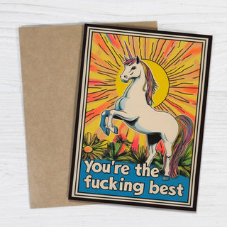 You're The Fucking Best - Unicorn Love / Friendship / Encouragement Card - Holt x Palm -  Celebrate someone's exceptional awesomeness with our "You're the Fucking Best" greeting card, featuring a fabulously retro unicorn! Details: • Premium quality, soft touch cardstock • Includes an A2 kraft envelope (4-3/8" x 5-3/4") • Blank inside • All cards are individually packaged in a cellophane sleeve 🇺🇸 Each card is printed in the USA.