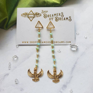 Long Beaded Isis Charm Dangle Earrings - Holt x Palm -  14k gold fill triangle ear studs 3.5" long and lightweight Brass Goddess Isis Charm