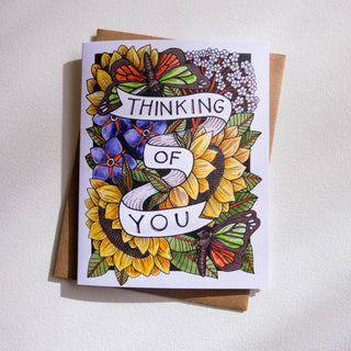 Thinking Of You Card - Holt x Palm -  • Greeting Card Illustrated by Cayla Mattea Zeek • Created in Lafayette, Louisiana USA • A2 Card Measures 4.25" x 5.5" Folded • Blank Inside • Printed on Post Consumer Waste Recycled Heavy Card-Stock Paper • Recycled Kraft Brown Envelope • Eco Clear Plant-Based PLA (Polylactic Acid) Sleeve, Commercially Compostable