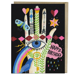 Lisa Congdon Rainbow Hand Birthday Card - Holt x Palm -  Because who doesn’t want to get hearts and stars, butterflies and birds, and a puffy pink birthday cloud—not to mention a rainbow that shoots out of a mystical eye on a hand-painted hand? Nobody, that’s who. Created with love by Lisa Congdon! • Blank card, A2 size (4.25 x 5.5 inches) • Printed on heavyweight uncoated stock • Comes with a matching kraft envelope