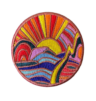 Circle Oasis - Iron On Patch - Holt x Palm -  I dunno where this oasis is, but it has sunshine, purple mountains, a rainbow shaped thingy, waves, and like, a soft lightning bolt type thing. Looks like a good time! Iron-on patch, measures about 2.5 X 2.5 Inches round.