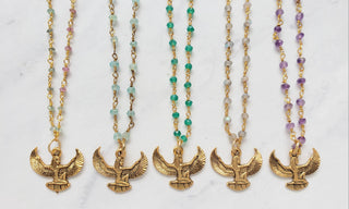 Winged Goddess Charm Necklace-Gemstone Rosary Isis Necklace - Holt x Palm -  Genuine Gemstones beaded rosary chain necklaces featuring a mini winged goddess isis charm. 24k gold plated rosary chain 17.5" brass ball chain necklace