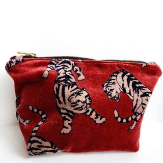 Ruby Tiger Traveller Black Zip Medium - Holt x Palm -  Deep red tiger velvet cosmetic travel bag. Fully lined with grey leopard velvet. This is the perfect size for all of your cosmetic and travel needs. * Velvet Lining * Dimensions Approximately 6" H x 10.75 W x 5" D * Metal Zipper closure * Made in the USA