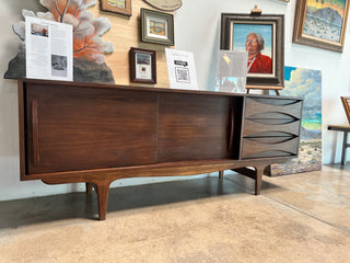 Bow-Tie Drawer Credenza - Holt x Palm -  This handmade credenza boasts charming and unique details, perfect for adding a touch of mid-century flair to any space. Made locally in Ontario, California, this piece is sure to be a conversation starter. (Bow) perfect (tie) for any room! 72" Long x 18" Wide x 28" High