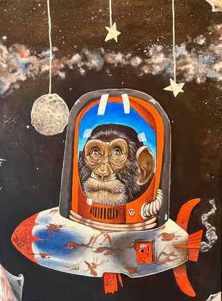 To The Moon by Most - Holt x Palm -  Ready for liftoff? This original artwork by Armando Rodriguez takes you on a wild ride to the moon and back. Featuring a cool monkey astronaut painted in acrylic on a 24" x 18" canvas, this unique piece will add a touch of whimsy and adventure to any room.