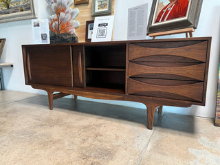 Bow-Tie Drawer Credenza - Holt x Palm -  This handmade credenza boasts charming and unique details, perfect for adding a touch of mid-century flair to any space. Made locally in Ontario, California, this piece is sure to be a conversation starter. (Bow) perfect (tie) for any room! 72" Long x 18" Wide x 28" High