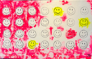 Happy - Original Artwork by Jose Rivera - Holt x Palm -  Introducing "Happy" - a vibrant, playful piece of original artwork by Jose Rivera. Created entirely with acrylic on canvas, this bright and fun piece measures 31.5" x 55" and is sure to bring a smile to any space. Add some joy and color to your collection with "Happy" today!