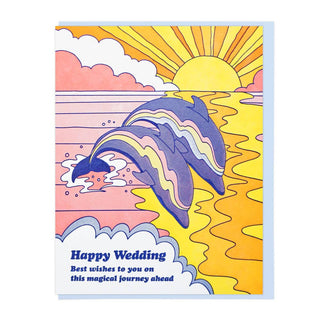 Happy Wedding with Dolphins - Holt x Palm -  Letterpress printed by Lucky Horse Press 100 lb. Recycled cover 4.25" × 5.5" folded card Blank inside Matching envelope