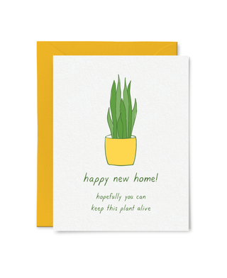 Housewarming Plant Card - Holt x Palm -  Give a housewarming gift that can't die. But, definitely pair it with one of our amazing plants! €¢ Blank inside for your personal message €¢ Flat printed €¢ Size: A2 folded card, 4 1/4" x 5 1/2" €¢ Paper: 110lb felted paper €¢ Ink: Bright Green and Mustard €¢ Envelope: Mustard envelope with pointed Euro flap €¢ Packaging: Clear plastic sleeve