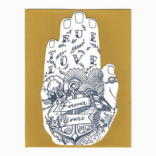 True Love Hand Shaped Card - Holt x Palm -  True love, forever yours... Perfect for love, wedding, or great friendship. • blank inside and measures 4.25”x5.5” folded • shaped folded card is letterpress printed in navy ink on 110# cotton paper • die cut • accompanied by an A2 mustard envelope and packaged in a clear sleeve illustrated by Élise Lassonde.