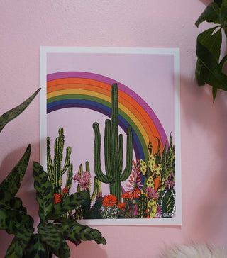 Rainbow Cactus Art -Print - Holt x Palm -  This super awesome print can be displayed framed, hung like a poster or just plain stuck to the fridge with some magnets. Whatever floats your boat! 11" x 14" art print, digitally printed on 100lb. felt textured paper. (does not inc. frame)