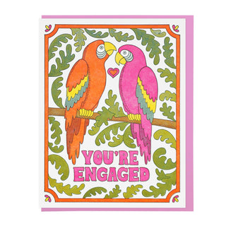 You're Engaged Macaws - Holt x Palm -  Letterpress printed by Lucky Horse Press 100 lb. Recycled cover 4.25" × 5.5" folded card Blank inside Matching envelope