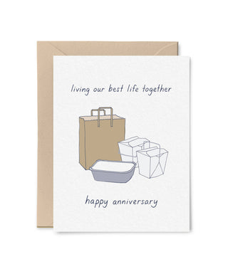 Living Our Best Life Together Anniversary Card - Holt x Palm -  For when "living your best life" includes mutually agreeing to just doordash it. Blank inside for your personal message Flat printed Size: A2 folded card, 4 1/4" x 5 1/2" Paper: 110lb felted paper Packaging: Clear plastic sleeve