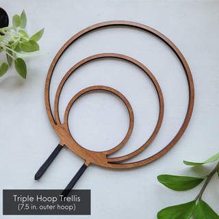 Wood Triple Hoop Indoor Plant Trellis - Holt x Palm -  Hoop trellises (aka endless or circle trellises) are a very popular houseplant trellis style. They are often used by hoya collectors. However, they work well for many vining plants like pothos, ivy, philodendron, and more! These triple hoop trellises are made of finished mahogany wood and are our best-selling hoop design. They are best for plants with 3+ vines. Sizes: Small - 7.5" Hoop Large - 9" Hoop