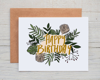 Jungle Leaves Happy Birthday Card - Holt x Palm -  Jungle Leaves Happy Birthday Card DESIGN: Digital art created in Procreate and designed by me :) MATERIALS: Printed on 110# white cardstock. Includes a craft paper envelope SIZE: A2, folded INSIDE: Blank inside