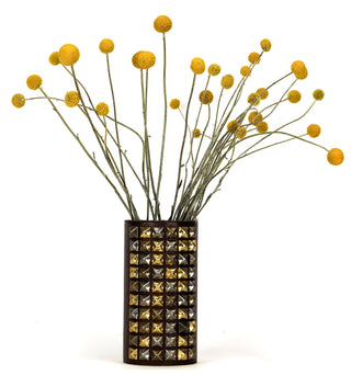 "The Rockstar" Luxury Leather Wrapped Vase - Holt x Palm -  Beautifully wrapped in fine leather and adorned with 60 multi-colored solid brass studs. Named the "Rockstar" its got attitude, swagger and sexy as hell! Each piece is meticulously hand studded to order. We use 4 solid brass "button" posts to fasten the leather to the glass vessel, the leather wrap is removeable for cleaning. 8" tall x 4" wide