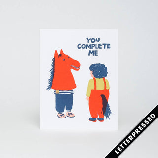 You Complete Me Greeting Card - Holt x Palm -  "Surprise your loved one or friend with our You Complete Me Greeting Card. Perfect for anniversaries, showing love, friendship, or just because. This cute card will bring a smile to their face. Because sometimes, it's the little things that mean the most. Add your own personal touch and make their day!" Letterpress printed by Jon in Portland, Oregon Comes with a kraft envelope Dimensions: A2 (4.25 x 5.5 inches)