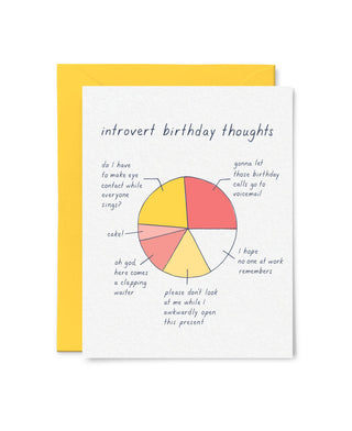 Introvert Birthday Thoughts Card - Holt x Palm -  This card is probably the least invasive way you could celebrate an introvert on their birthday... Blank inside for your personal message Flat printed Size: A2 folded card, 4 1/4" x 5 1/2" Paper: 110lb felted paper Packaging: Clear plastic sleeve