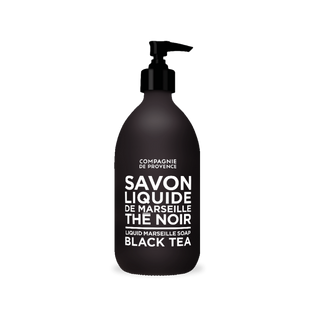 Black Tea Liquid Hand Soap - 10 oz - Holt x Palm -  Saponified in a cauldron using a traditional method, this liquid Marseille soap gently cleanses the skin. Made with coconut oil, it's naturally rich in glycerine. The lacquered glass bottle, with its simple, timeless and contemporary design, plays on contrasts to create an inspiring and bold graphic effect. A beautiful collection that would look beautiful in your kitchen or bathroom!