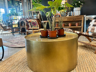 Metal Smith's Coffee Table - Holt x Palm -  36'' dia x 18'' Gorgeous industrial-style tables will be the focal point of your living room or office waiting area. Part of our exclusive antique brass-plated metal collection and are some of our most popular sellers.