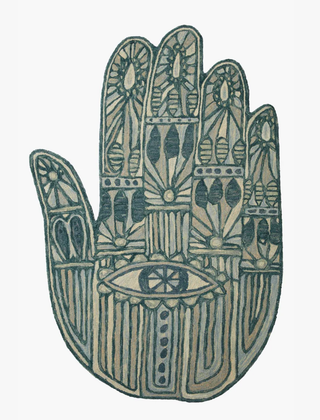 Chaya Collection by Justina Blakeney x Loloi - Holt x Palm -  Chaya means "life" and this hand symbol represents protection...good health...and happiness! If you don't want to get that deep...it's just a super cool lookin' rug that you can easily layer, hang or throw literally in any room to instantly up the bohemian vibes. Design is available in Berry Spice and Blue Lagoon. 5 x 7 Hooked 100% Wool Pile Made in India