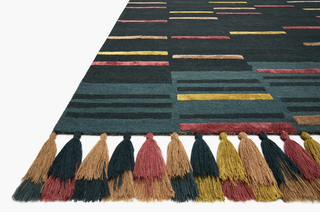 Jade Sunset Wool Rug by Justina Blakeney x Loloi - Holt x Palm -  Artisanal striped wool rug with heavy bohemian and eclectic vibes. Shown here is the mult- striped design with a palette of rusty teal, greens, and sunset hues. The tassels are everything!!! Rug can double as a wall tapestry, layered on top of a jute rug, or laid just on its' own.... Hooked 62% Wool | 38% Rayon Pile Made in India 7'-9" X 9'-9"