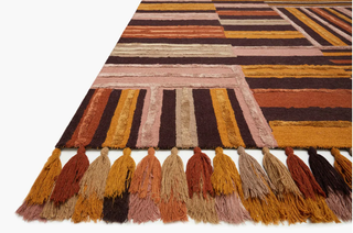 Meadow Wool Rug by Justina Blakeney x Loloi - Holt x Palm -  Artisanal striped wool rug with heavy bohemian and eclectic vibes. Shown here is the patchwork striped design with a palette of rusty reds, gold, and earthy brown tones. The tassels are everything!!! Rug can double as a wall tapestry, layered on top of a jute rug, or laid just on its' own.... Hooked 62% Wool | 38% Rayon Pile Made in India 7'-9" X 9'-9"