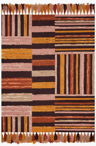 Meadow Wool Rug by Justina Blakeney x Loloi - Holt x Palm -  Artisanal striped wool rug with heavy bohemian and eclectic vibes. Shown here is the patchwork striped design with a palette of rusty reds, gold, and earthy brown tones. The tassels are everything!!! Rug can double as a wall tapestry, layered on top of a jute rug, or laid just on its' own.... Hooked 62% Wool | 38% Rayon Pile Made in India 7'-9" X 9'-9"