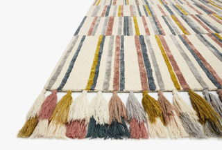 Avery Wool Rug by Justina Blakeney - Ivory - Holt x Palm -  Get that #Jungalow vibe! Artisanal striped wool rug available in 3 palettes. Shown here is the Ivory with tones of green, grays, and blues. The tassels are everything!!! Rug can double as a wall tapestry, layered on top of a jute rug, or laid just on its' own.... Hooked 62% Wool | 38% Rayon Pile Made in India 7'-9" X 9'-9"