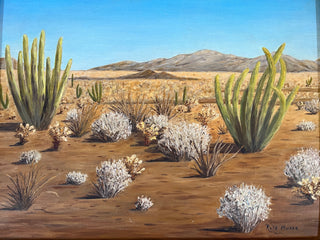 Vintage Desert Landscape by Ruth Morse - Holt x Palm -  For a one-of-a-kind statement piece, look no further than this Vintage Desert Landscape painting by Ruth Morse. It's a true showstopper with its bright colors, gold framing, and old-school vibes. So go ahead and make your spaces stand out—it's the perfect pick! 20 1/2” x 24 1/2”