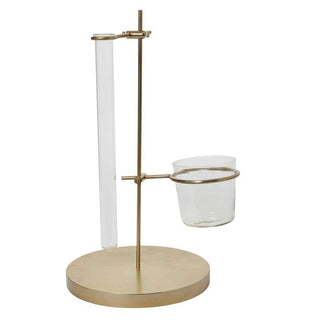 Mendel Propagation Stand - Holt x Palm -  Experience the art of science with the Mendel Propagation Stand. The glass pot is perfect for hydroponics & soil planting, while the test tube holds propagation clippings. Both gold-finished metal rings are adjustable & keeps stems stable. 13.5" x 11.75" x 21.5"