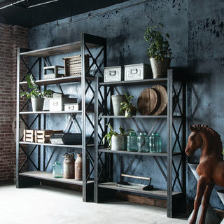 Merchant's Shelf - Small - Holt x Palm -  65''x 16" x 84'' Display your store's or home's wares on this stylish and functional shelving unit.. Adjustable wood shelves are affixed to a sturdy gun-metal iron frame with an X back for additional stability.