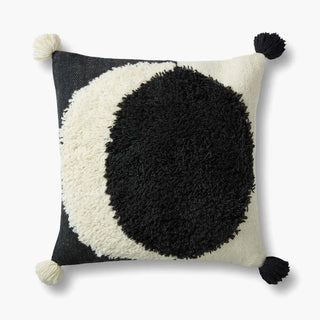 Moody Moons - JB x Loloi - Holt x Palm -  Eclipse a boring space with just a toss of this black and white beauty. Graphic shag moon slice with contrasting poms...yes, please! 22'' X 22'' DOWN-FILLED