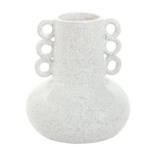 Odella Vase - Holt x Palm -  The terracotta Odella Vase features a white speckled glaze, footed design, and made-by-hand loops to add depth and interest. 8.75" x 10"