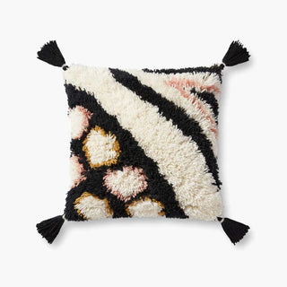 Shag Me, baby - JB x Loloi - Holt x Palm -  Black and white graphic shag design with pops of pink and orange pastels. Perfect almost anywhere! Make it a statement pillow or layer it... 18'' X 18'' DOWN-FILLED